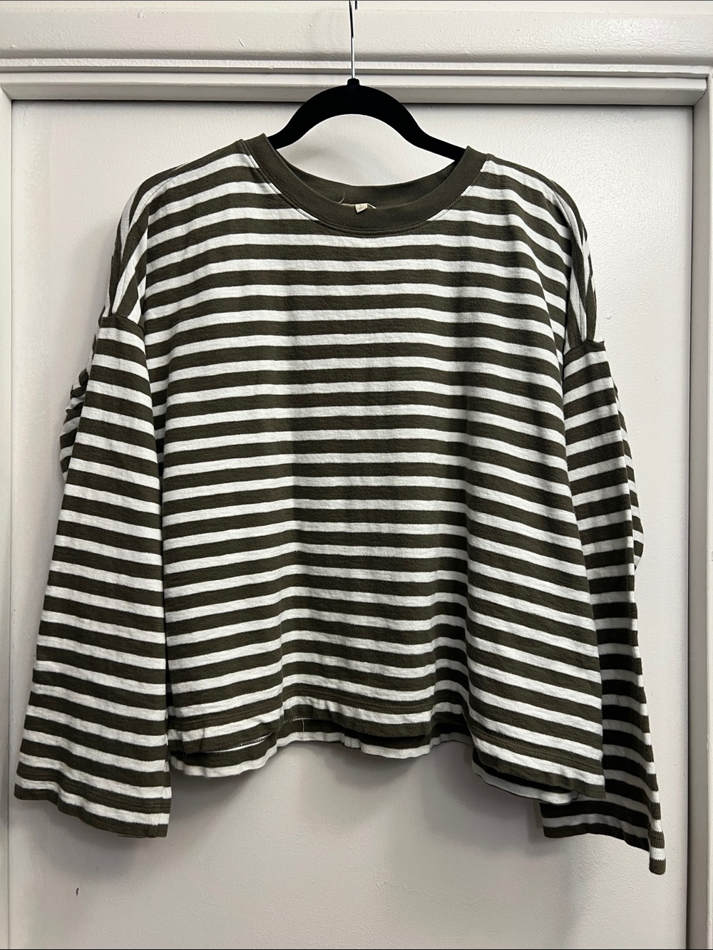 Madewell Olive Green & White Striped Easy Crewneck Long Sleeve Tee Size Large